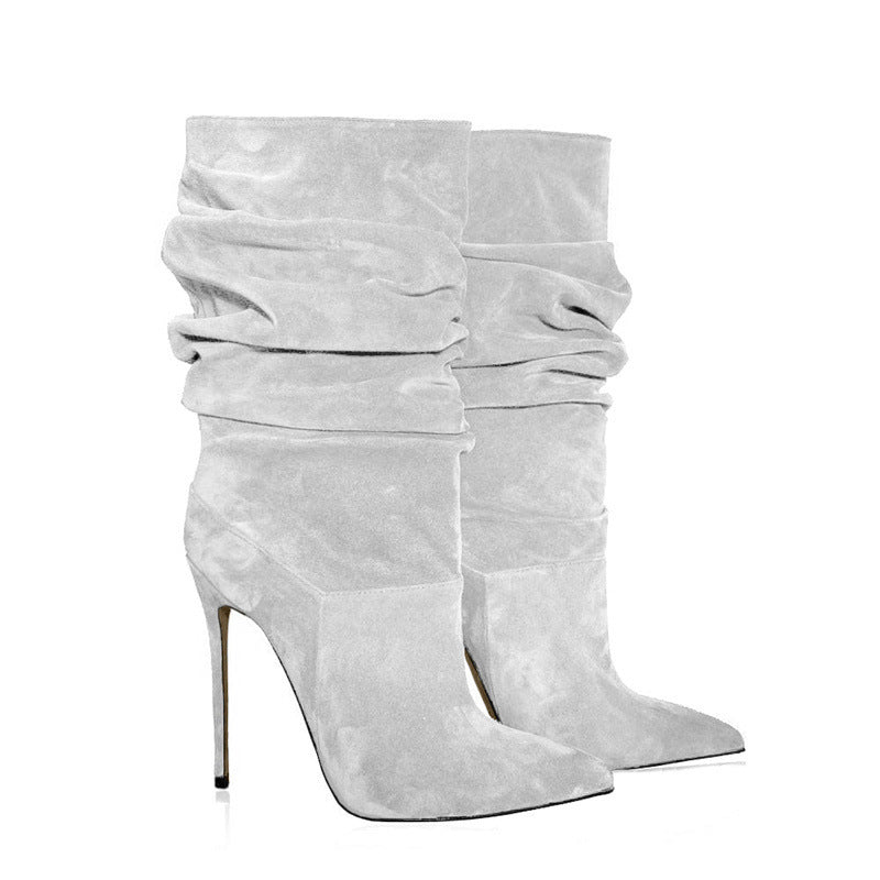 Pointed Toe Suede Stacked Heel Boots