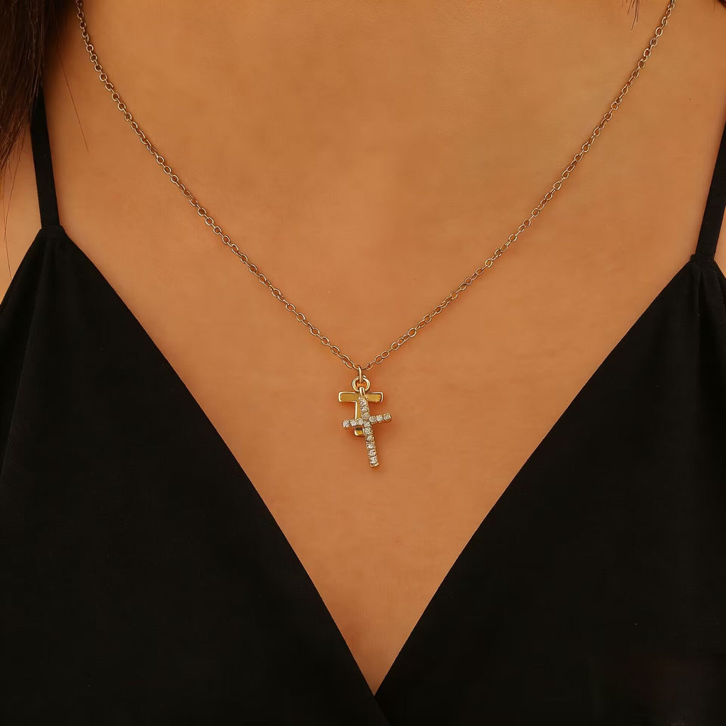 Double Cross Necklace Women Luxury Zircon Cross Pendant Clavicle Chain Daily Office Jewelry