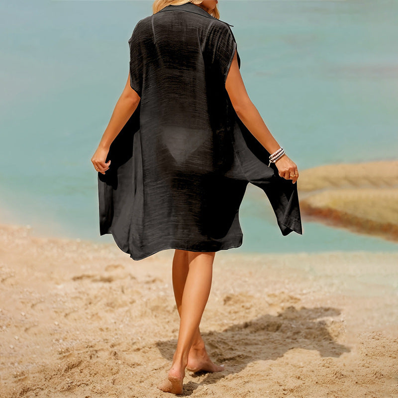 Women's solid color long sleeveless high split perspective beach sunscreen shirt loose shirt women's blouse top women's