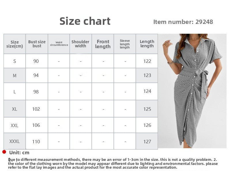 Summer Women's V-Neck High Waist Temperament Breasted Buckle Lace-Up Short Sleeve Dress