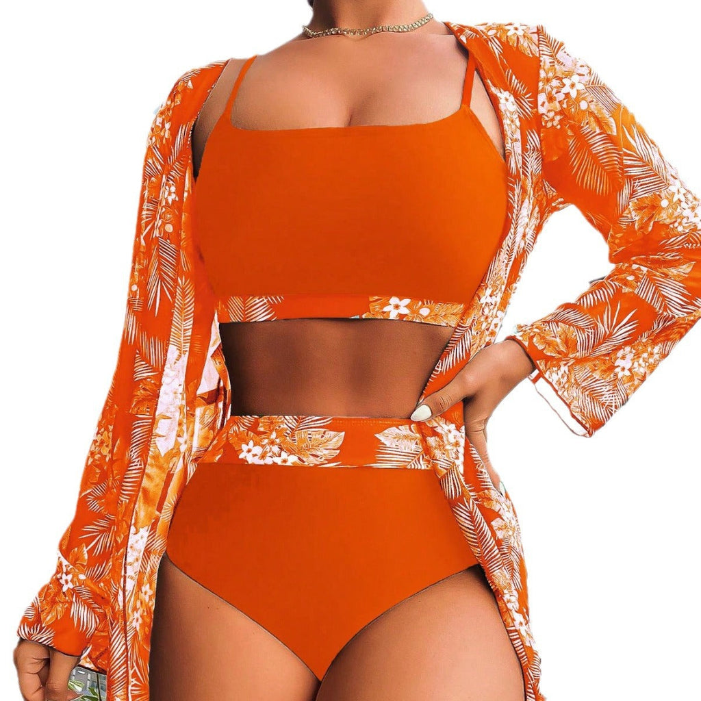Maple Leaf Print Long Sleeve Patchwork Bikini Three Piece Separate Swimsuit for Women