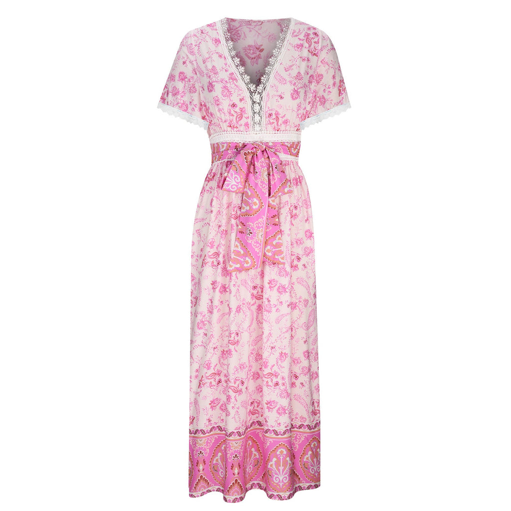 Women's Short Sleeve Lace Trim Tie-Waist Bohemian Dress Vacation Beach Dress Floral