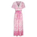Women's Short Sleeve Lace Trim Tie-Waist Bohemian Dress Vacation Beach Dress Floral