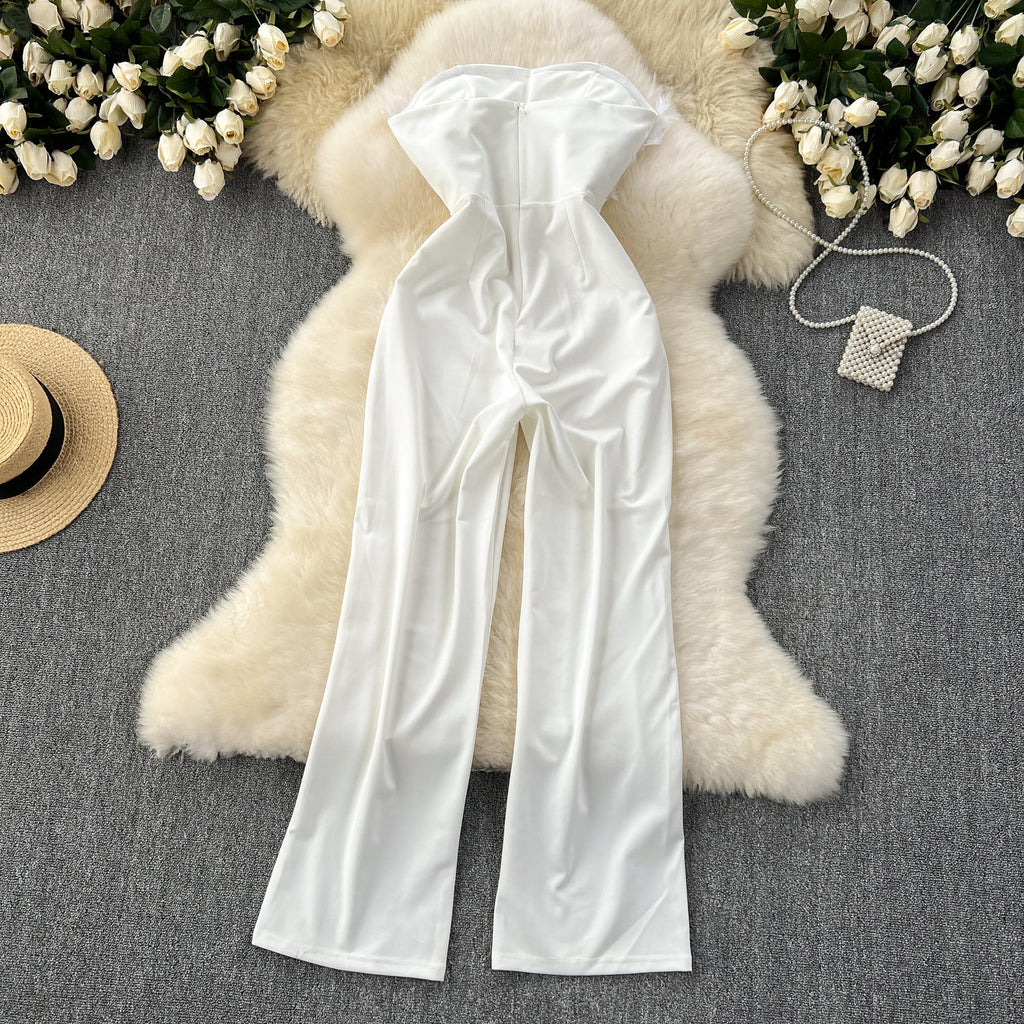 Premium Summer Gown – Socialite Style Feather Trim High-Waist Strapless Jumpsuit, Sexy Bodycon Romper