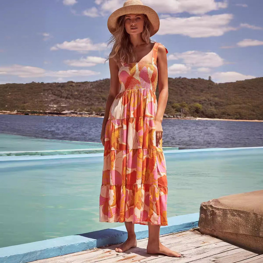 Sleeveless Floral Print Long Suspender Dress - Spice Girl Inspired A-Line Sundress for Tea Party & Casual Wear