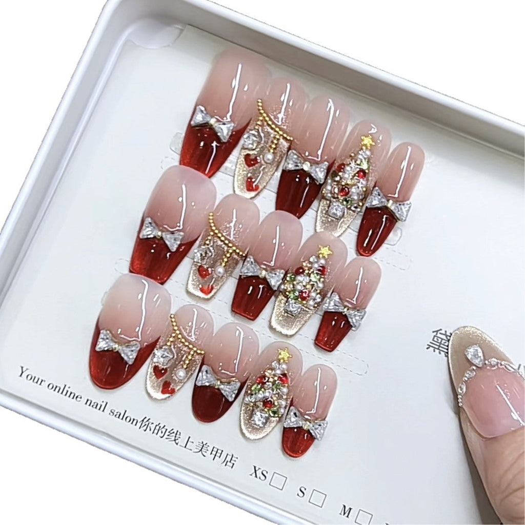Handmade Nail Red Christmas Hand Painted Love Zircon Diamond Cat's Eye Bow Nail Patch