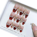 Handmade Nail Red Christmas Hand Painted Love Zircon Diamond Cat's Eye Bow Nail Patch