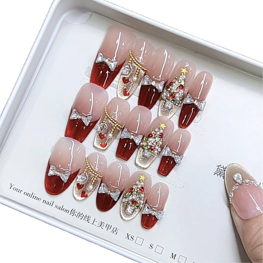 Handmade Nail Red Christmas Hand Painted Love Zircon Diamond Cat's Eye Bow Nail Patch