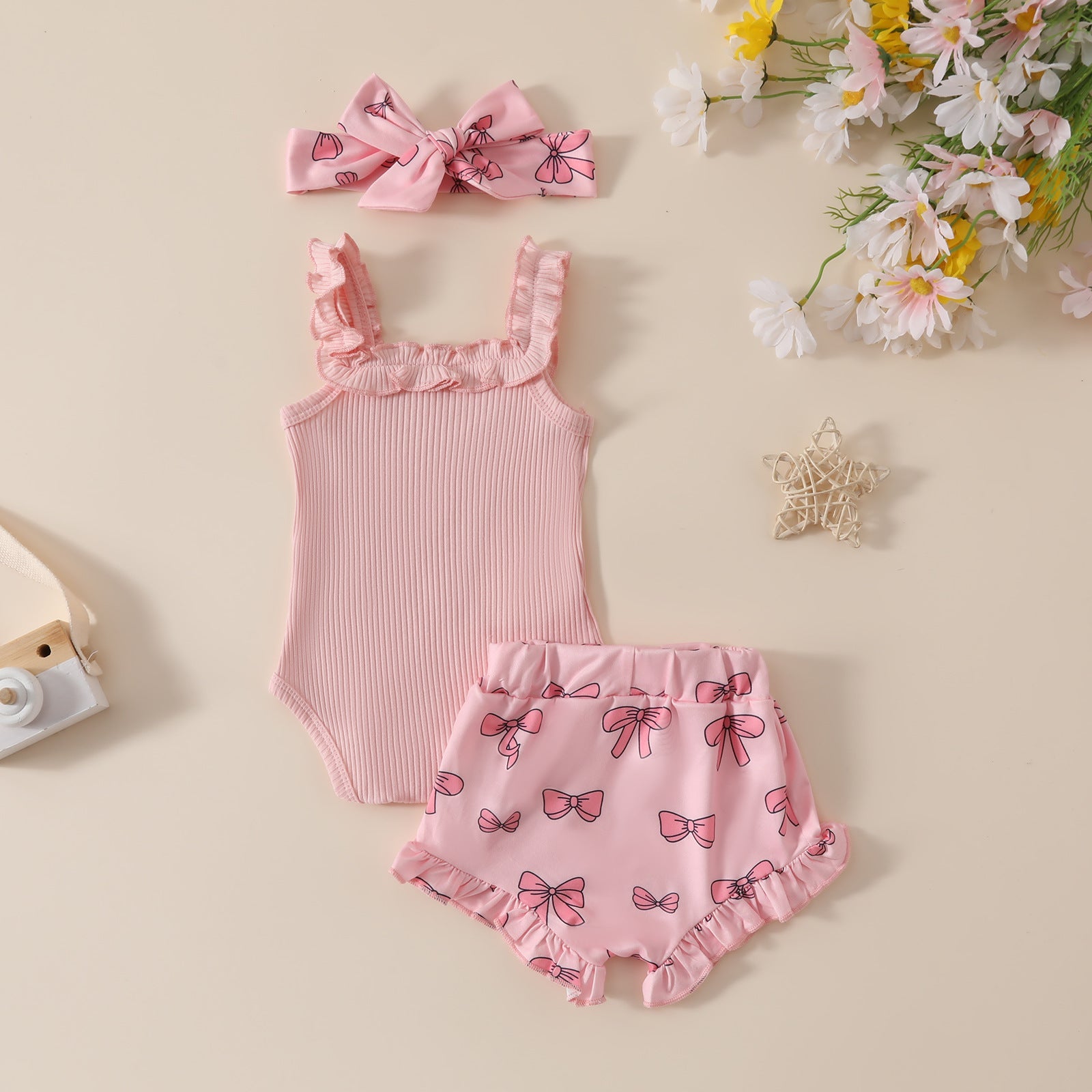 Girls' Solid Color Romper Bow Shorts Two-piece Set