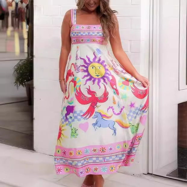 Summer Women's Casual Long Dress Suspender Printed High Waist Sleeveless Pendulum Dress