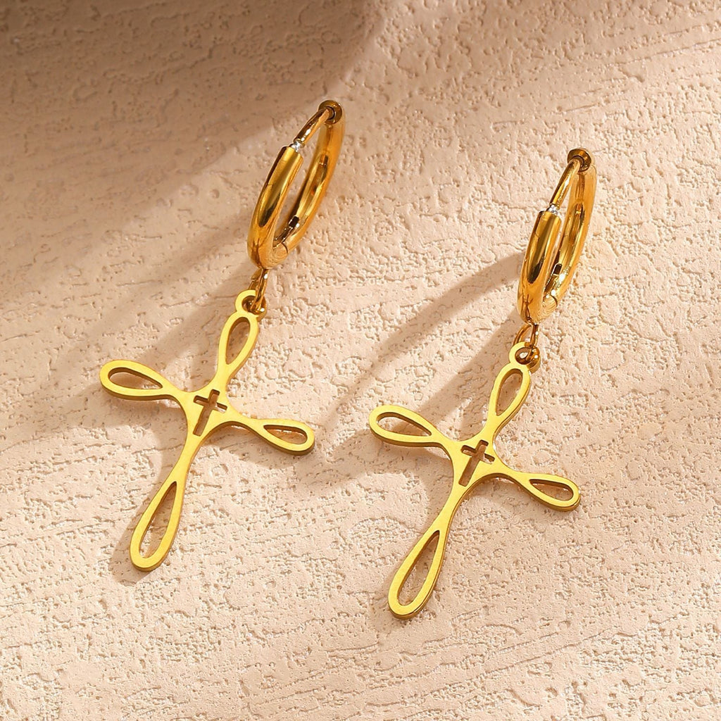 Cross Pendant Stainless Steel Clavicle Chain & Earrings Set Simple Daily Jewelry
