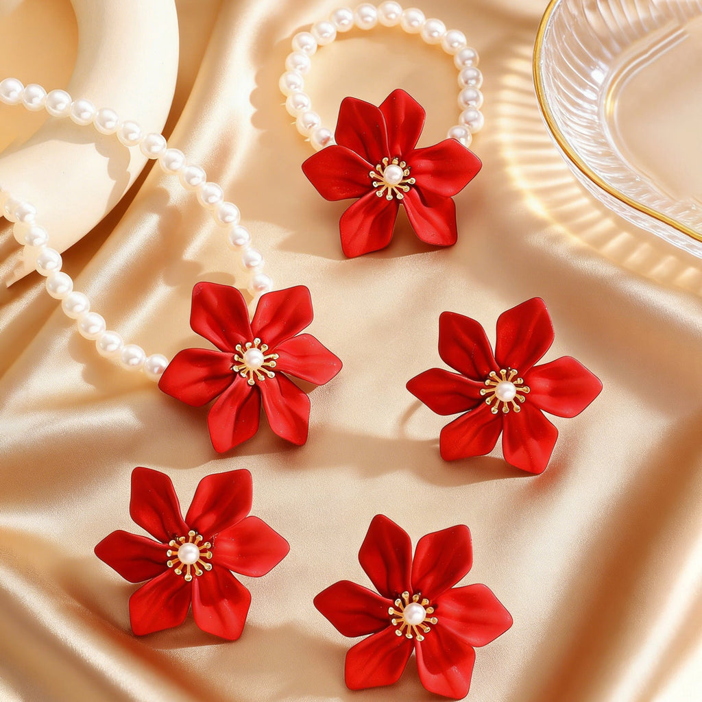Fashion Luxury Faux Pearl Flower Jewelry Set Necklace Bracelet Ring Earrings