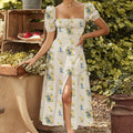 Floral Square Neck Sexy Split Swing Spring Dress Off Shoulder Flower Print Sexy Dress