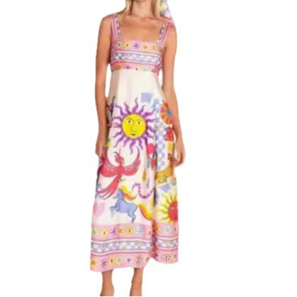 Summer Women's Casual Long Dress Suspender Printed High Waist Sleeveless Pendulum Dress