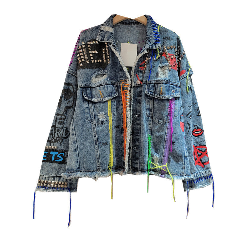 Women’s Distressed Denim Jacket – Cropped Loose-Fit Fall Coat, Printed Studded Jean Outerwear