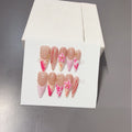 Handmade Press on Nails Engraved Red Pink Contrast Checkered French Premium