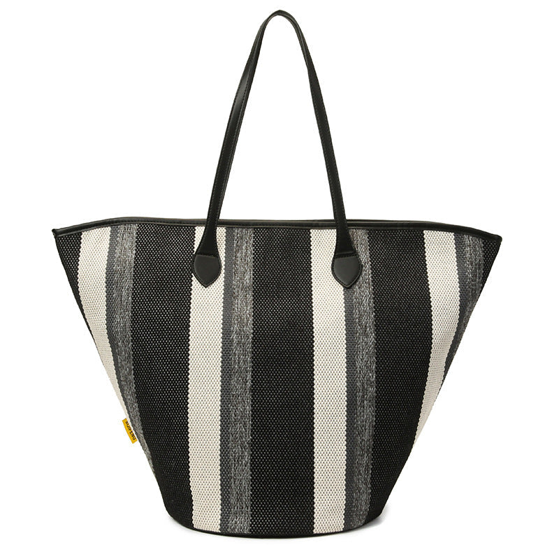 Trendy Canvas Shoulder Tote – Fashion Stripe Large Handbag, Casual Weekender Shopper
