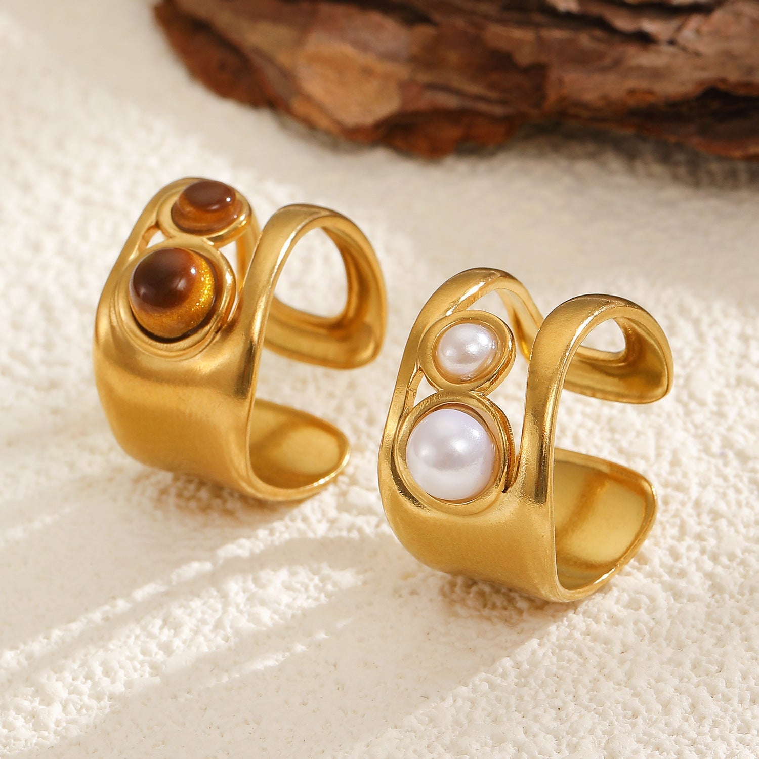 Stainless Steel Irregular Hollow Geometric Tiger Eye Ring for Women