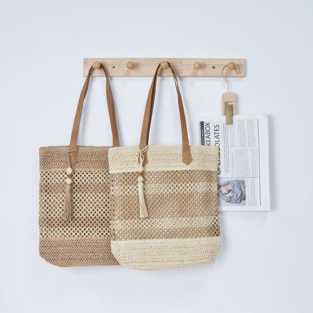Hollow-Out Color-Block Fringe Woven Bag – Designer Straw Beach Tote, Large Vacation Shoulder Purse