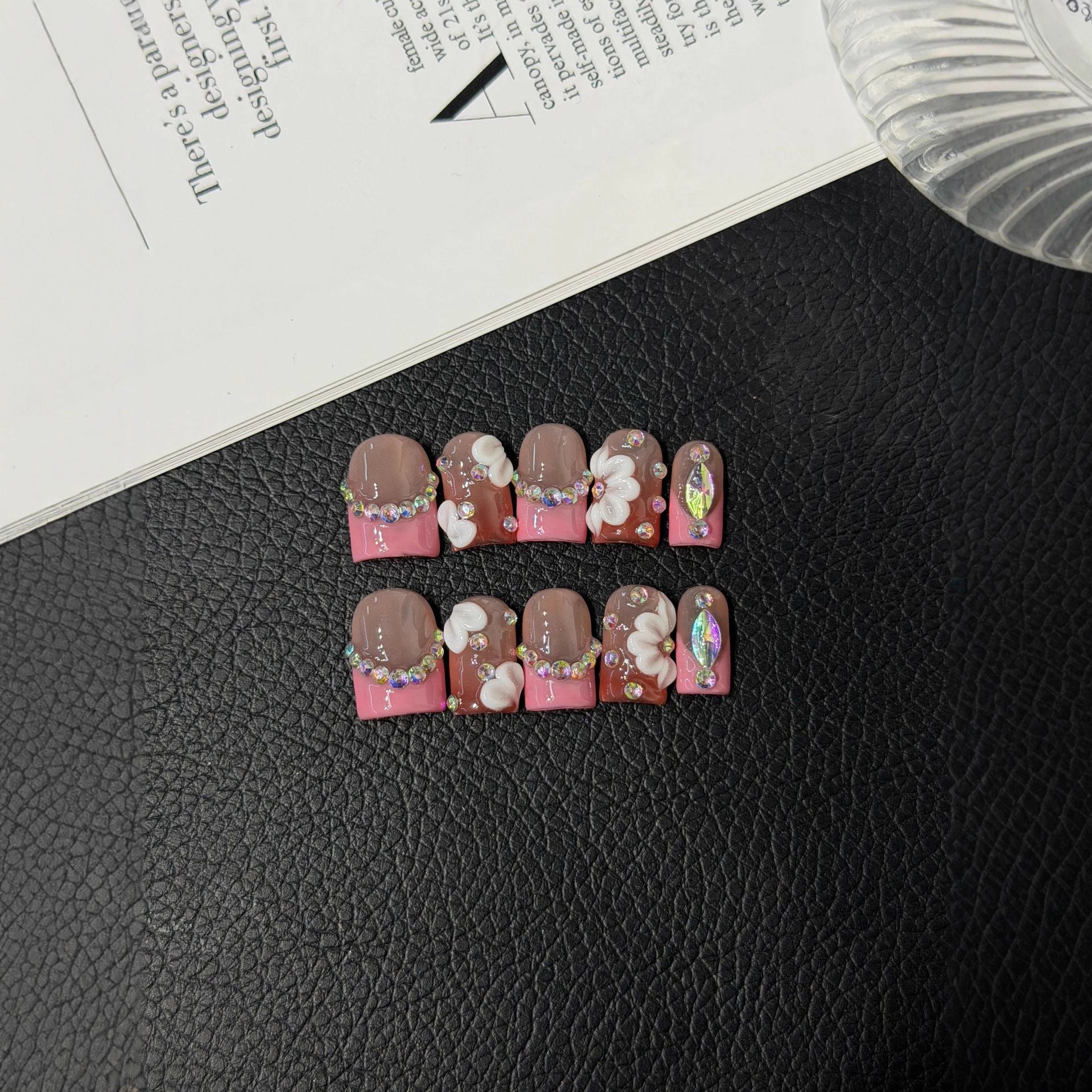 New Type A Sweet Cool Babes Sweet Ice Through Blush Nail 3D Carving Press on Nails Pure