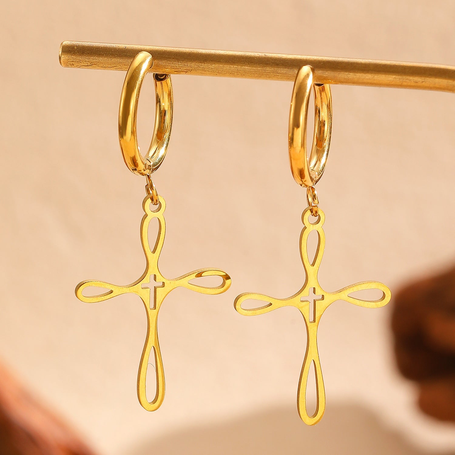 Cross Pendant Stainless Steel Clavicle Chain & Earrings Set Simple Daily Jewelry