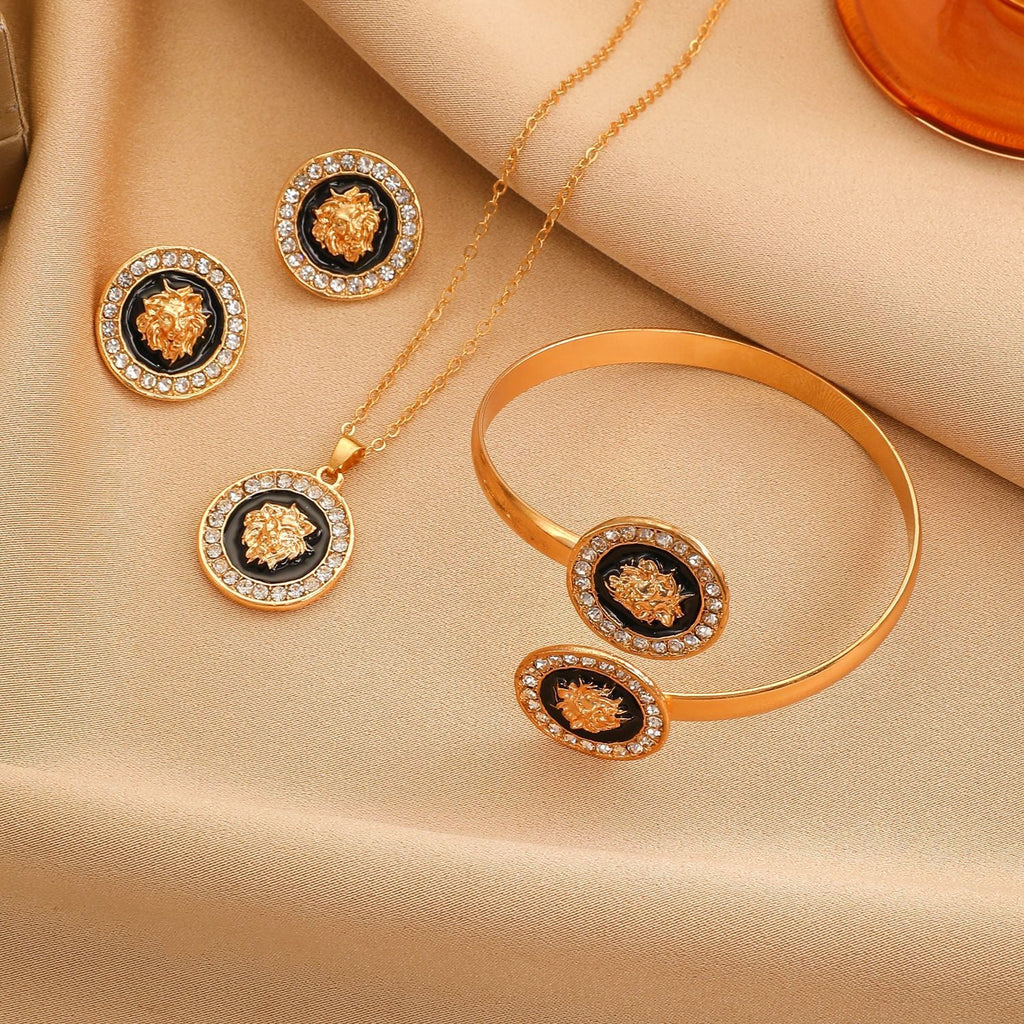 Trendy Lion Head Studs Necklace Ring Set for Women Daily & Party