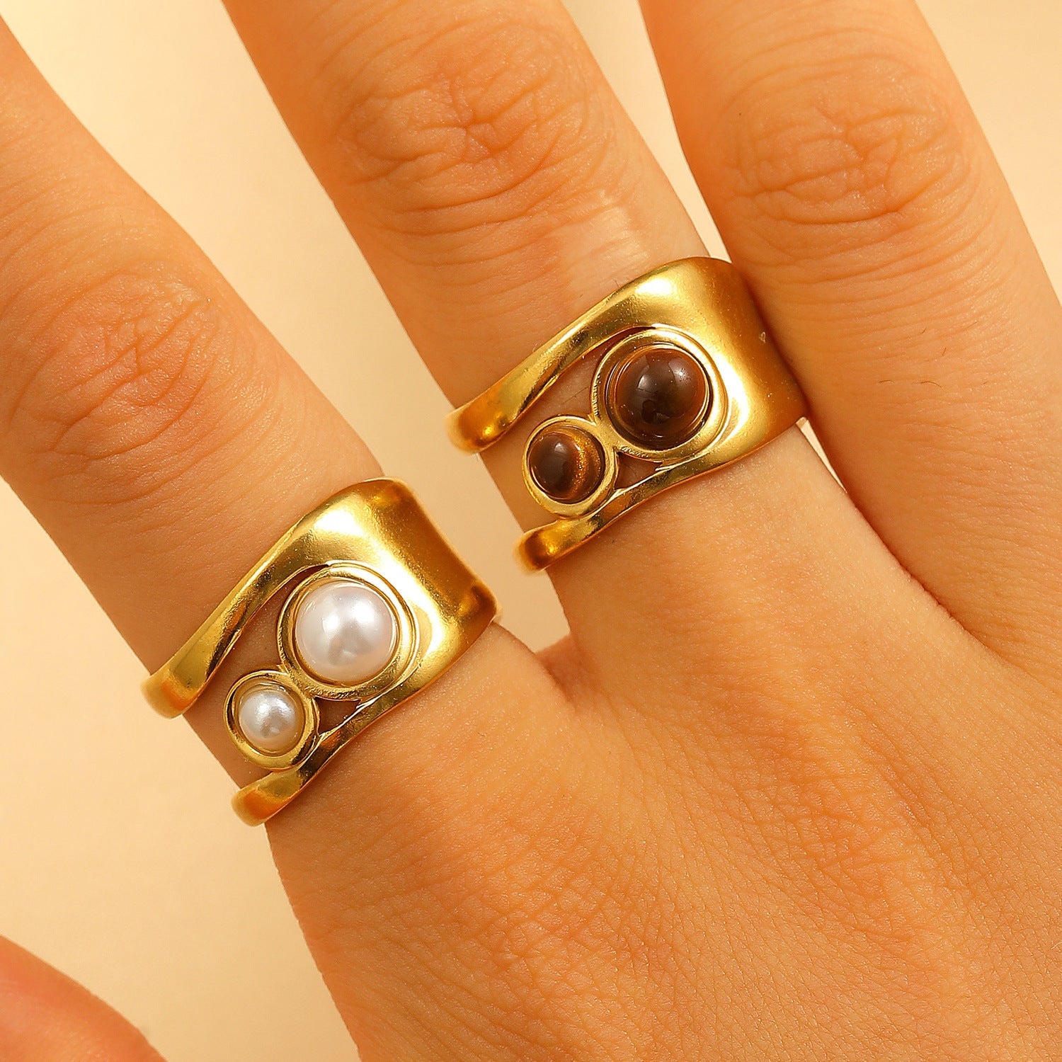 Stainless Steel Irregular Hollow Geometric Tiger Eye Ring for Women