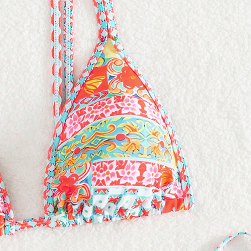 Printed Triangle Sexy Split Swimsuit Three Points Beach Bikini Female Neck-Tie Halter Bikini W Random Flower