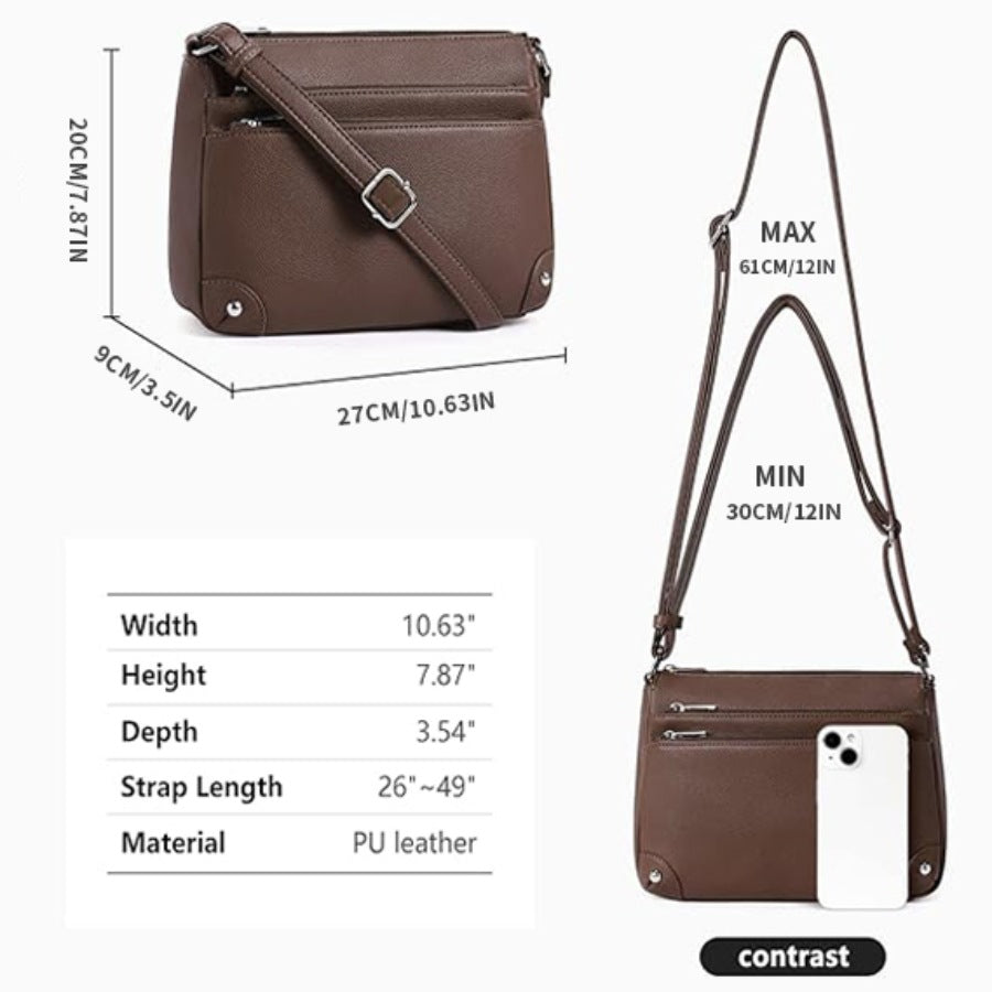 Small crossbody bag for women, shoulder bag multi-zip pocket bag, classic function messenger bag