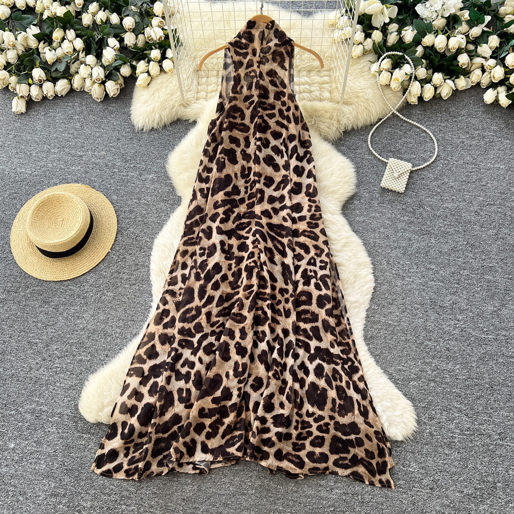 Vintage Leopard Halter Sleeveless Dress – High-Waist A-Line Maxi, Office Slim-Fit Shift