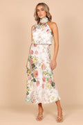 Women's Summer Sundress - Sexy Halter Sleeveless Satin Dress with Elastic Waist & Ruffle Trim