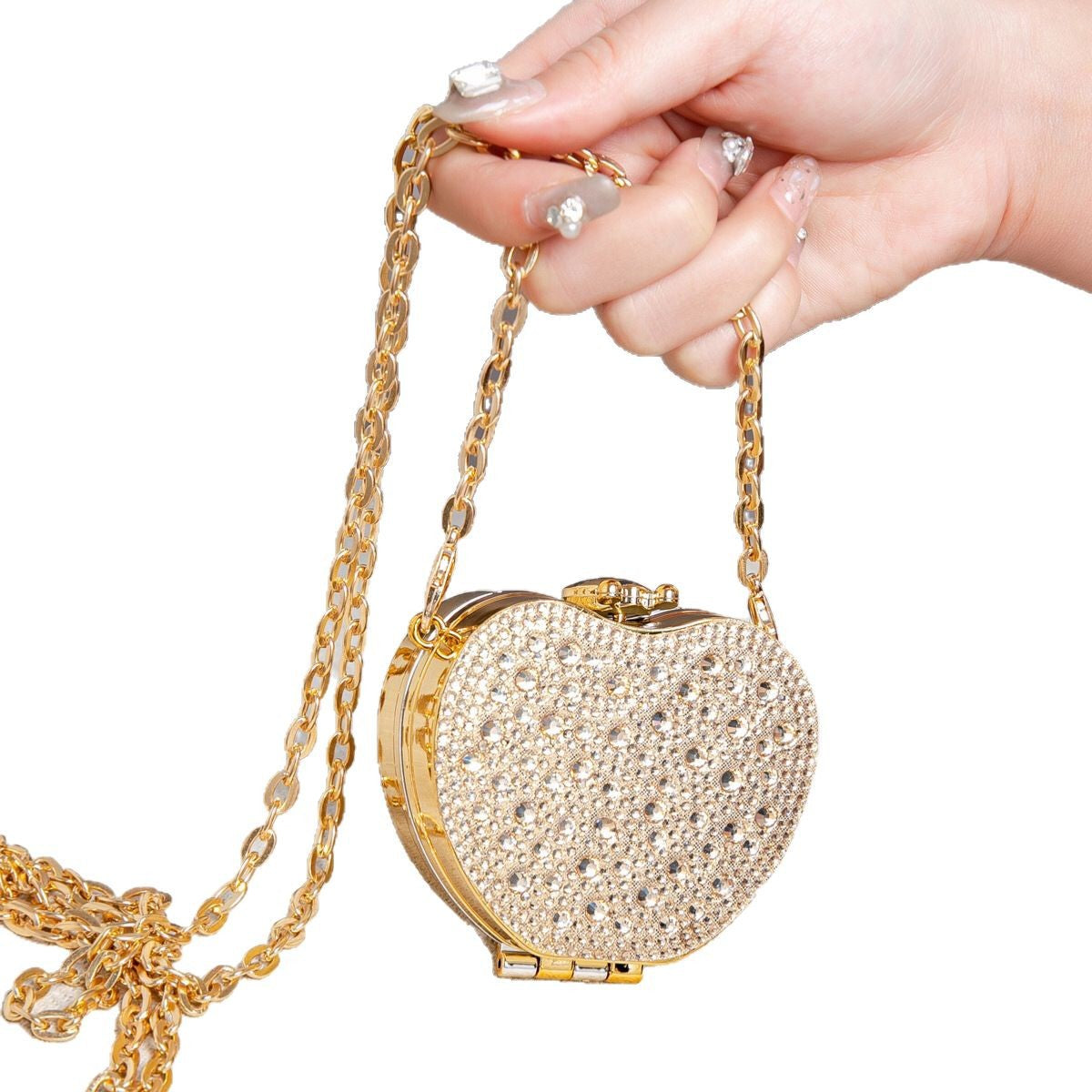 Elegant Mini Double Sided Rhinestone Purse – Heart Shaped Acrylic Mirror Bag, Trendy Mini Lipstick Purse for Prom