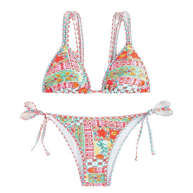 Printed Triangle Sexy Split Swimsuit Three Points Beach Bikini Female Neck-Tie Halter Bikini W Random Flower