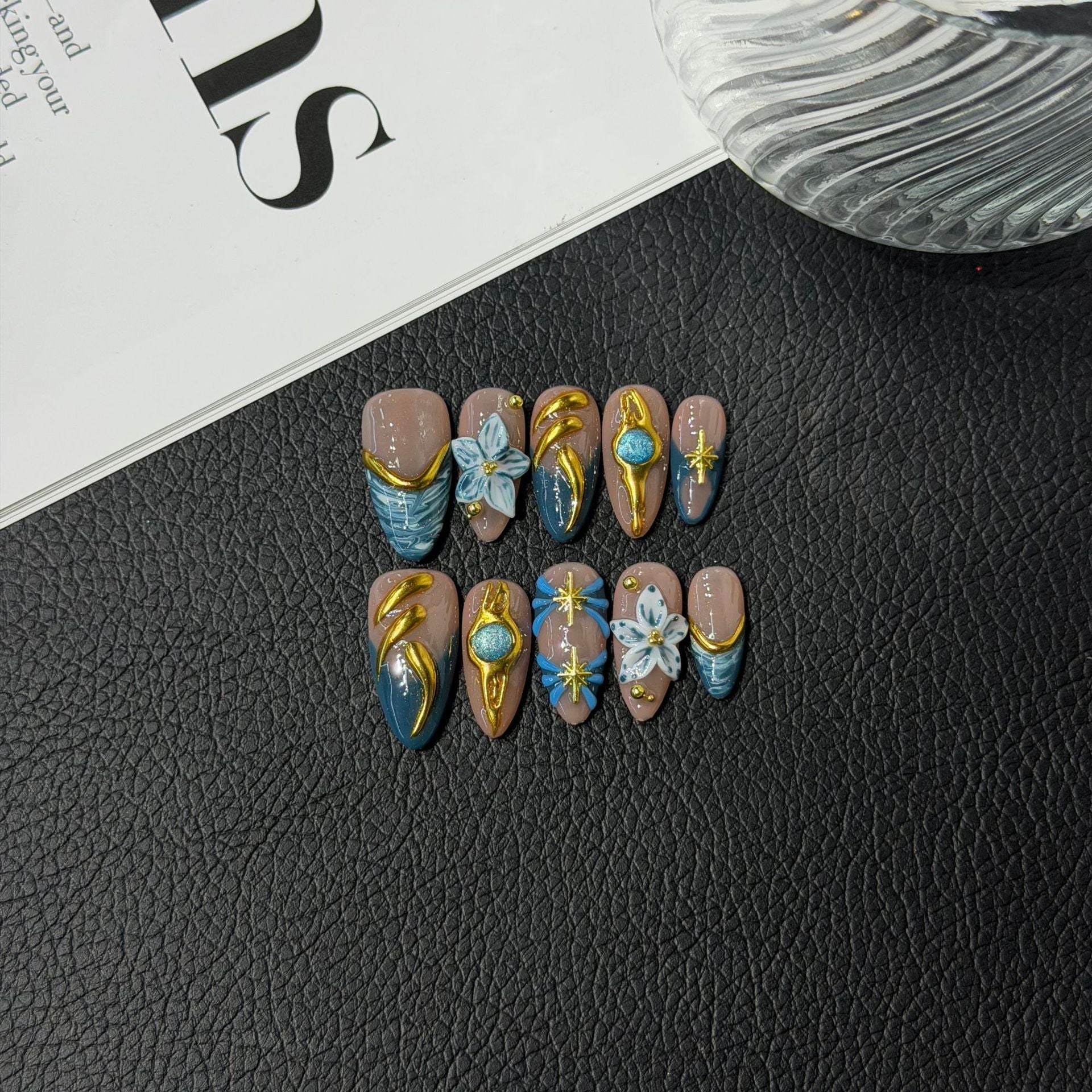 Luxury Gold Mirror Powder 3D Engraving HandmadePress on Nails Ice Through French Premium Sensory Display