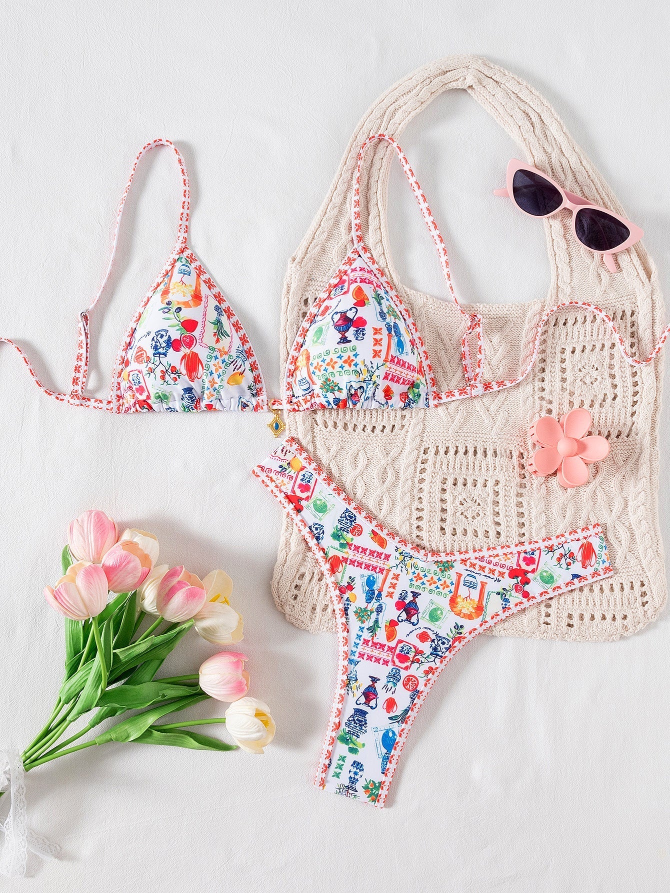 Contrasting Print Strap Sexy Bikini Split Swimsuit Batwing Short Sleeve Shirt W Plants Print