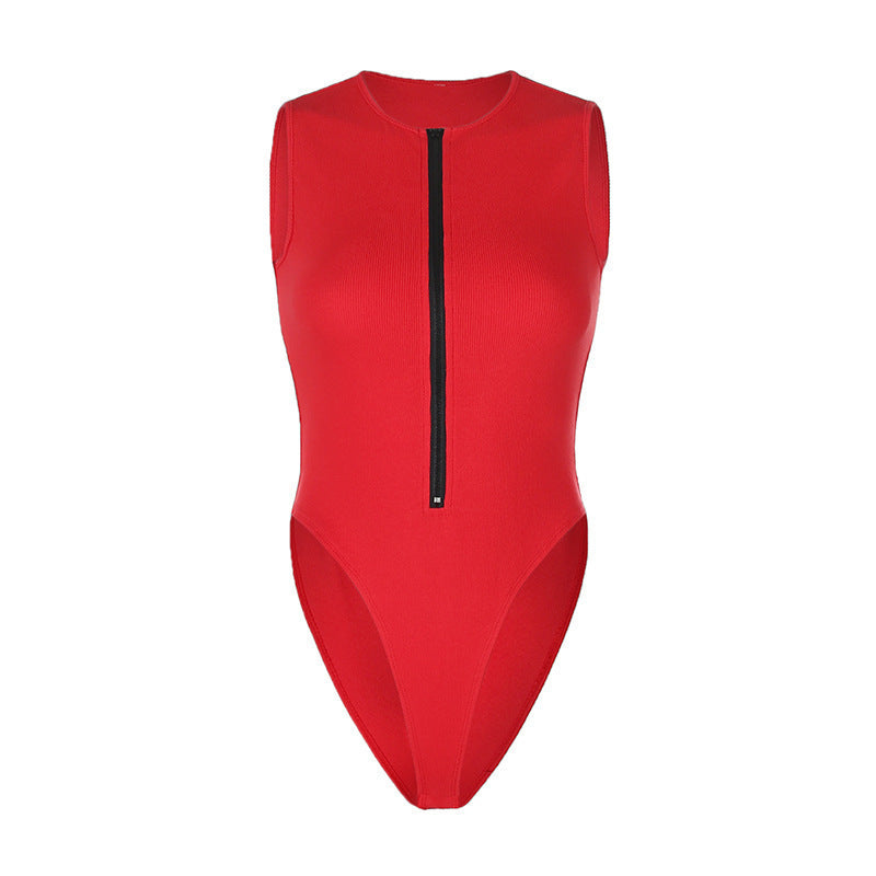 Summer Zipper Crew Neck Sleeveless Fashion Sexy Solid Color Versatile Cool Bodysuit Women's Top