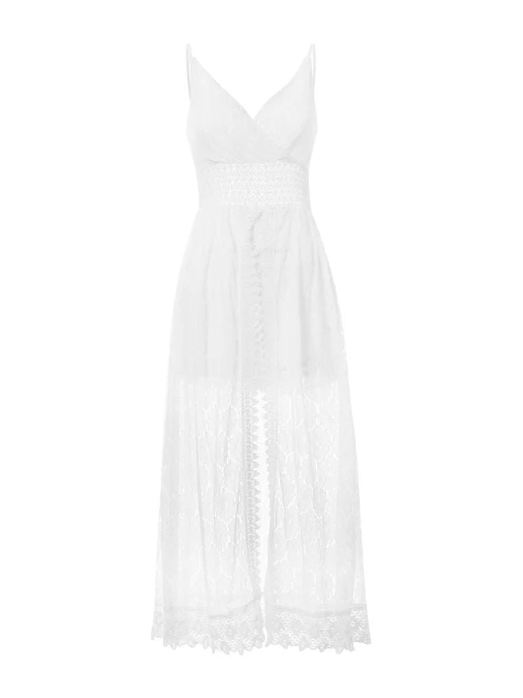 Women's Floral V-Neck Lace Dress - Sleeveless Spaghetti Strap Boho Beach Vacation Dress with Side Split