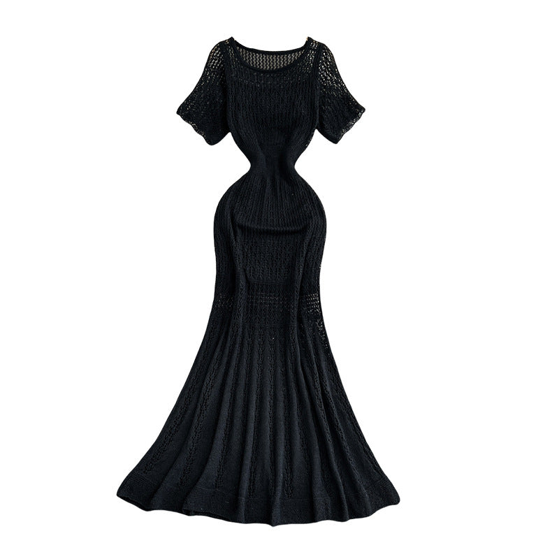 Vintage Hollow-Out Knit Dress – Women's Summer Elegant Tie-Waist A-Line Midi, Fishtail Slim-Fit Gown