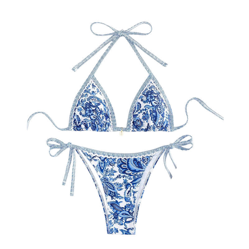 Contrasting Print Strap Sexy Bikini Split Swimsuit Batwing Short Sleeve Shirt W Plants Print