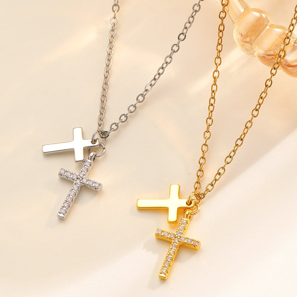 Double Cross Necklace Women Luxury Zircon Cross Pendant Clavicle Chain Daily Office Jewelry