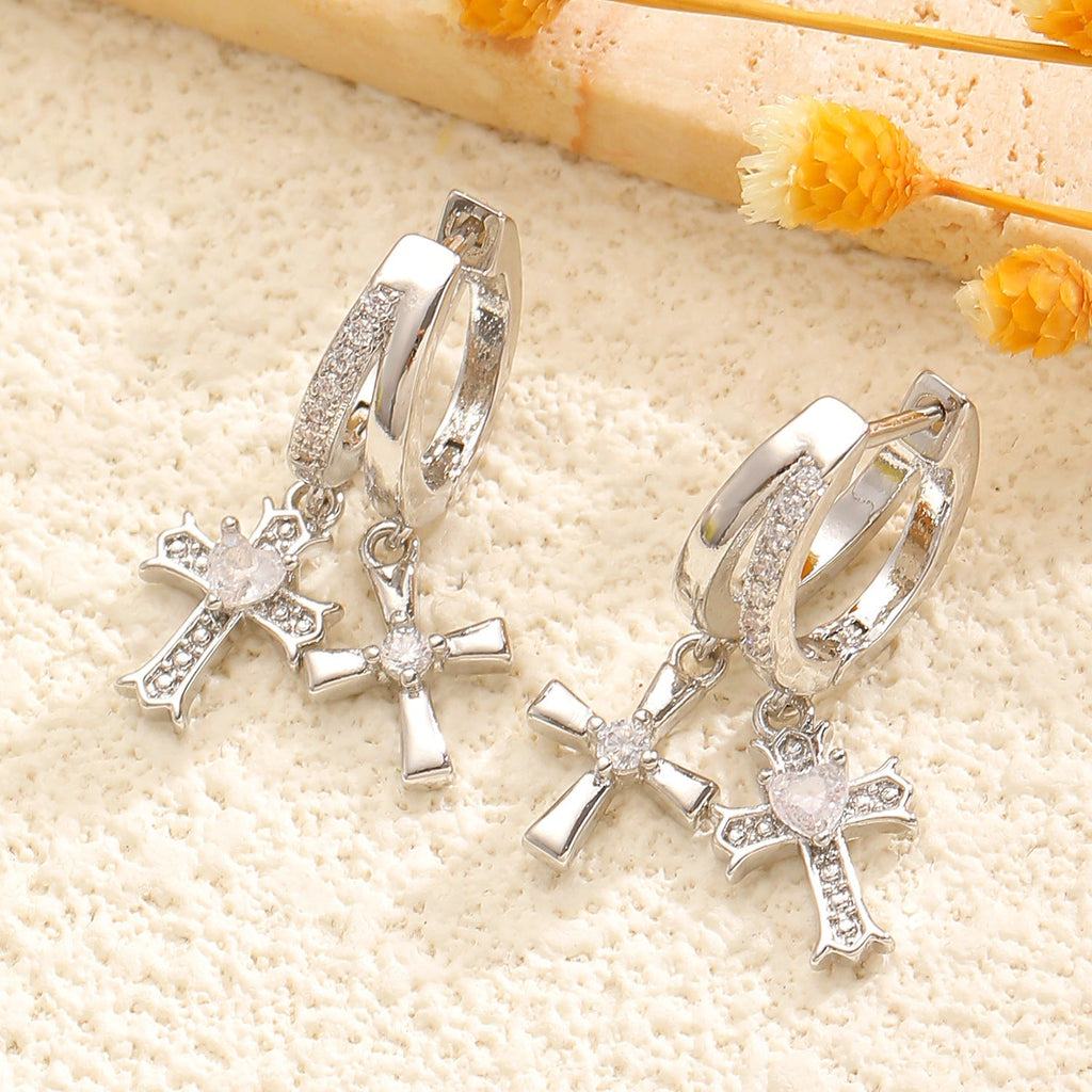 Shiny Zircon Double Cross Hoop Earrings Women Luxury Unique Design Earrings