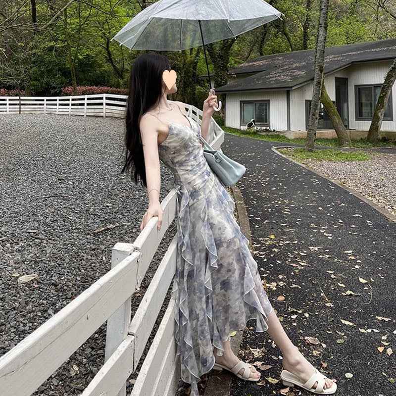 Floral Print High Waist Fairy Dress with Lotus Edge Ruffles