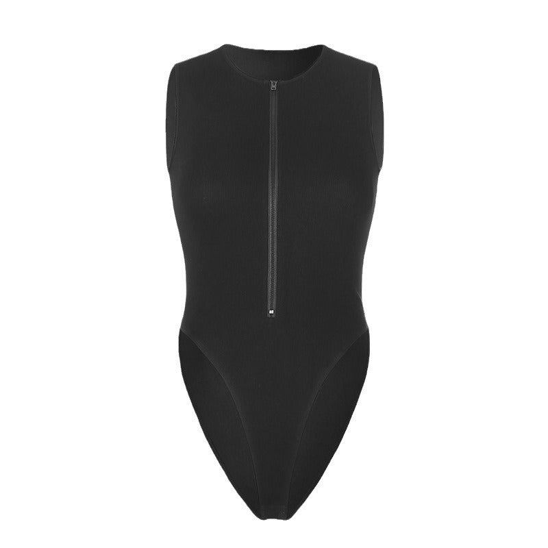 Summer Zipper Crew Neck Sleeveless Fashion Sexy Solid Color Versatile Cool Bodysuit Women's Top