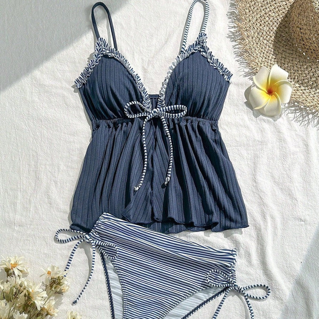Tankini Swimwear for Women with Ruffled Two Tone Shoulder Straps and Tie Closure Bathing Suit