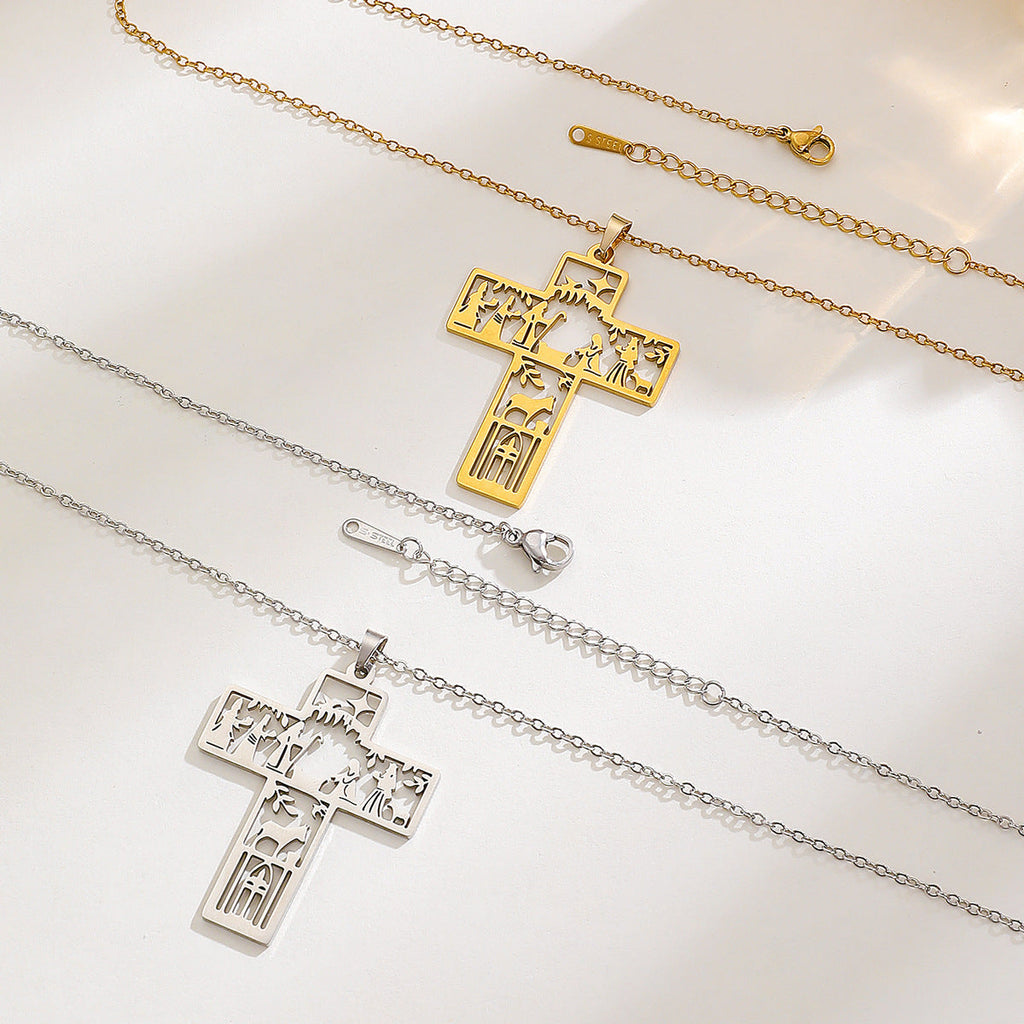 Stainless Steel Hollow Wizard Cross Necklace