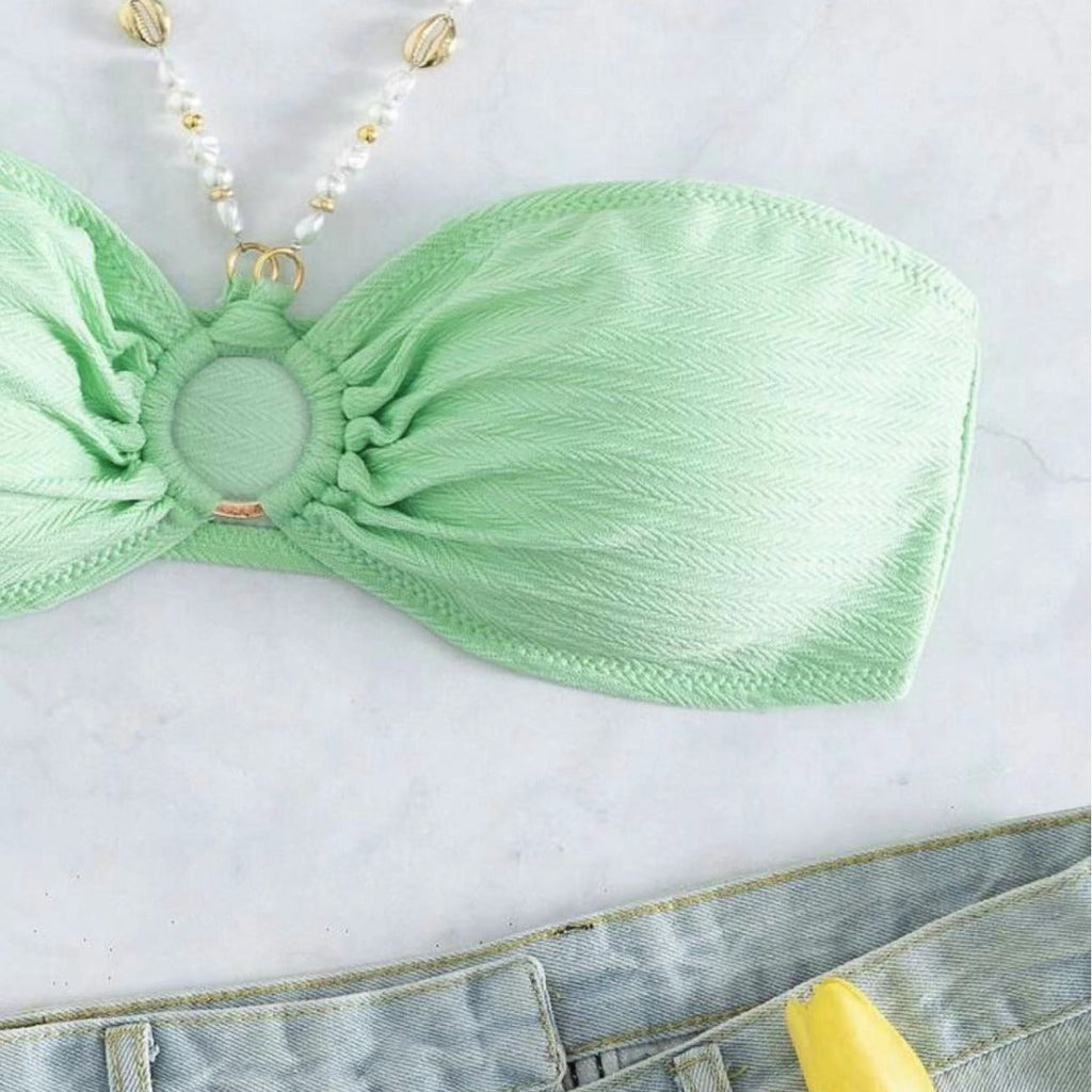 Sexy Solid Neck Ladies Beach bikini Ruched Bust Halter Bikini Swimsuit