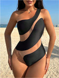 Sexy Tight Mesh Stitching Hollow Shoulder One-piece Women's Swimsuit Bikini