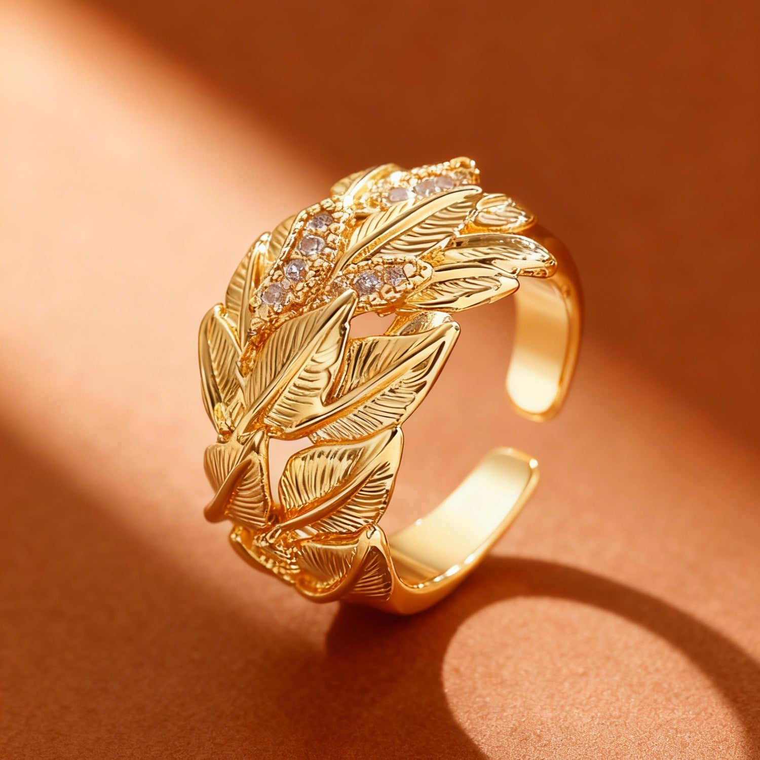 Luxury Leaf Texture Copper Inlaid Zircon Ring Gold Two-Tone Open Ring