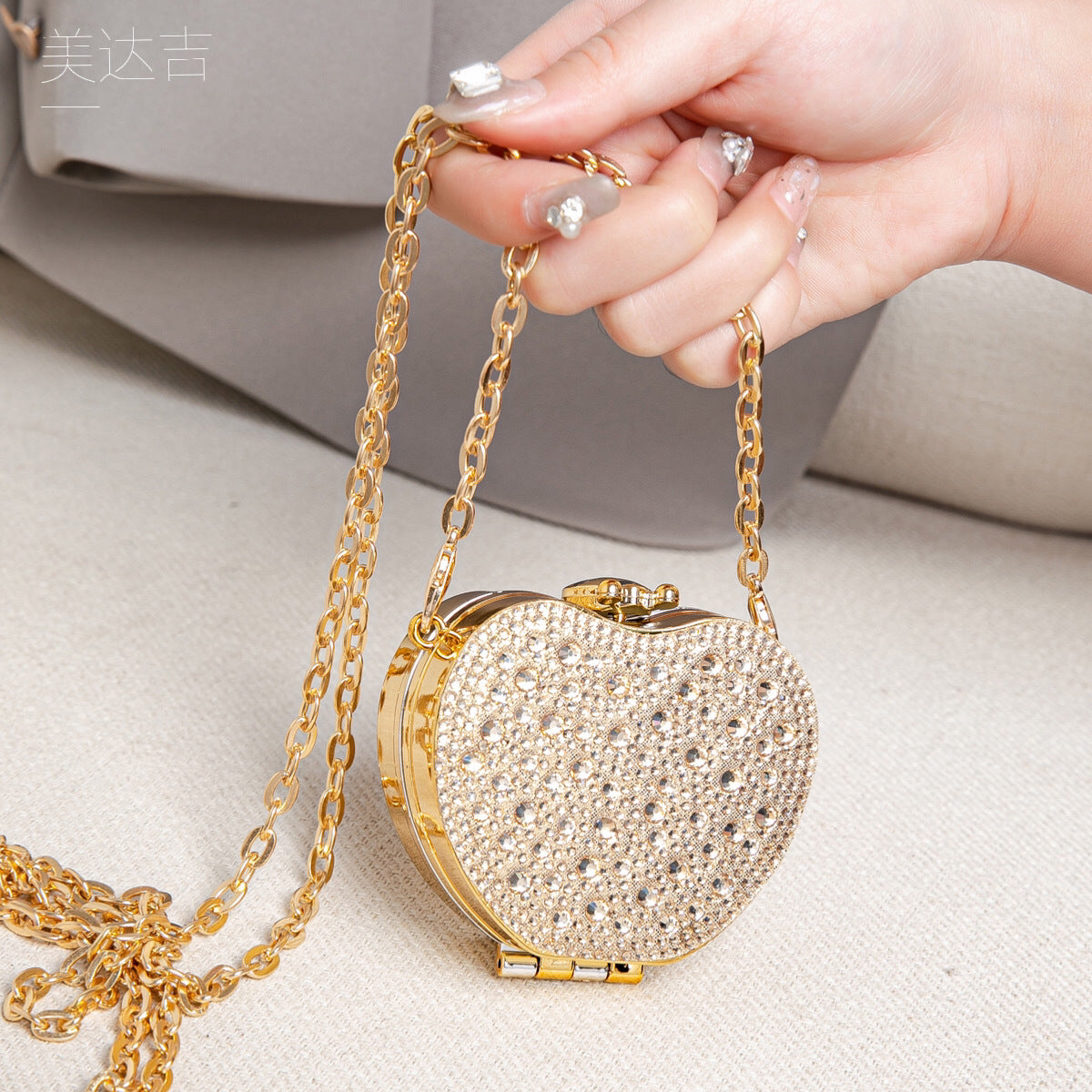 Elegant Mini Double Sided Rhinestone Purse – Heart Shaped Acrylic Mirror Bag, Trendy Mini Lipstick Purse for Prom