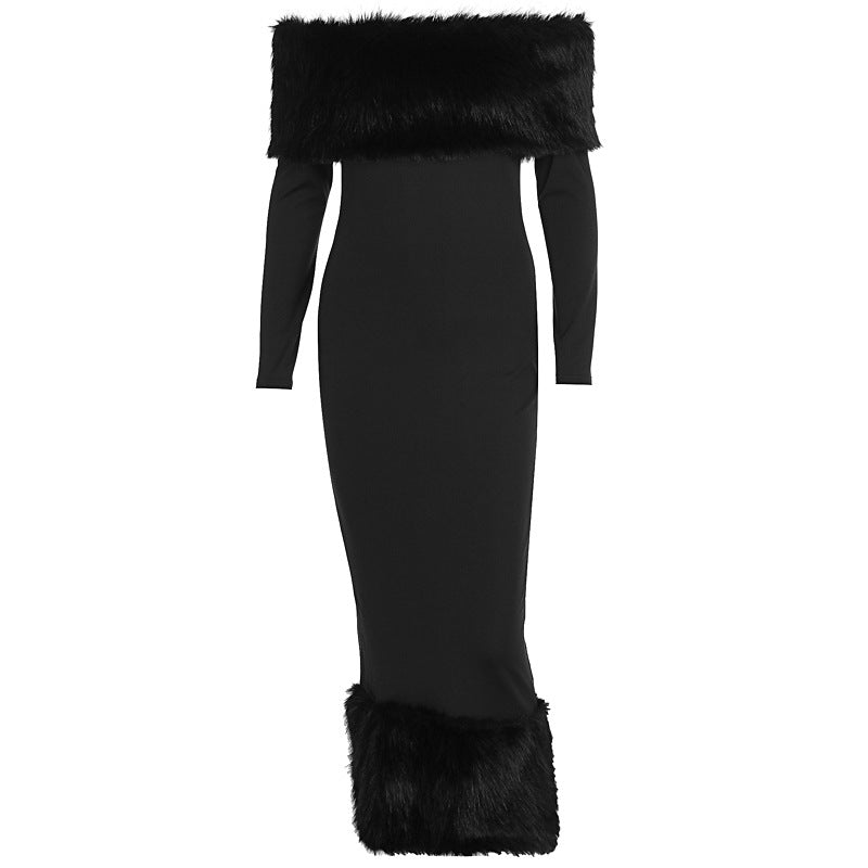 women's clothing autumn and winter fashion fur collar one-word collar long-sleeved temperament slim evening dress